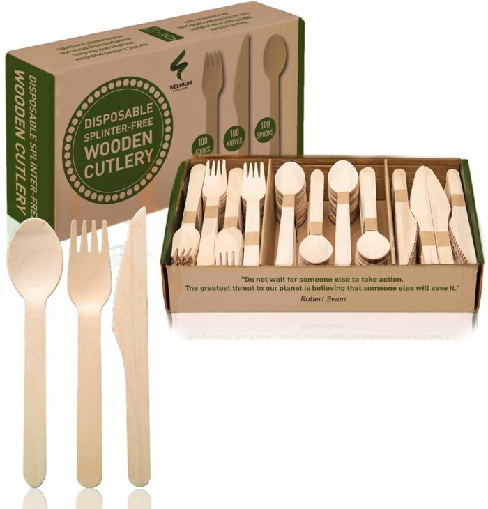 Disposable Wooden Cutlery Set - 300 Count (100 Forks, 100 Knives, 100 Spoons)