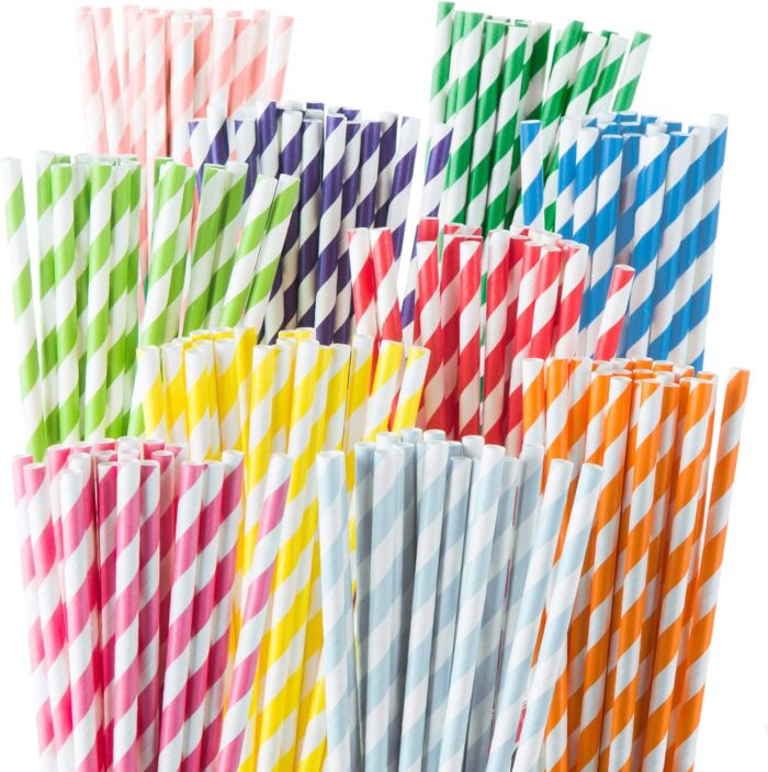 Paper Straws Disposable 200 Pack - Striped Straws in 10 Colors