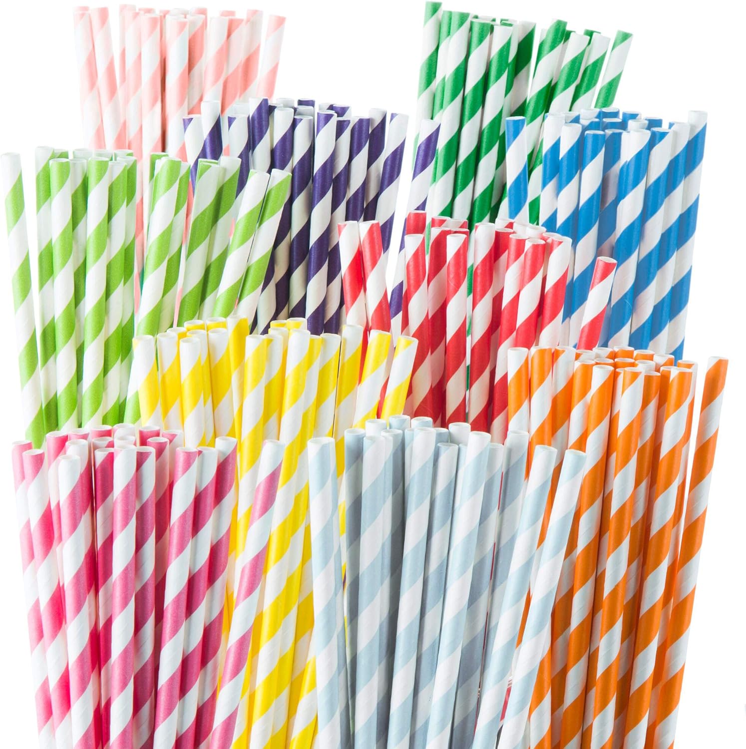 Paper Straws Disposable 200 Pack - Striped Straws in 10 Colors