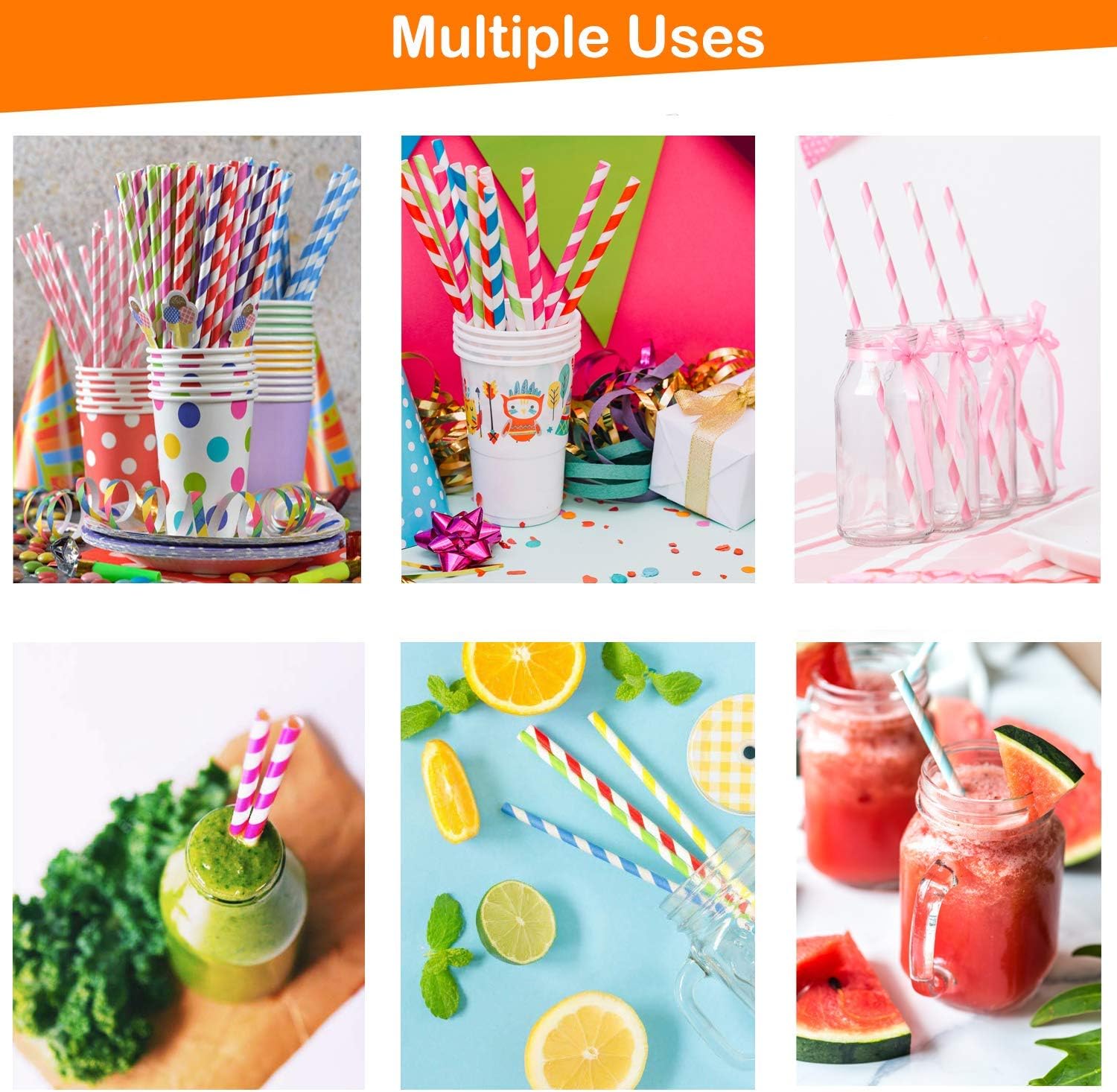 Paper Straws Disposable 200 Pack - Striped Straws in 10 Colors - Image 5